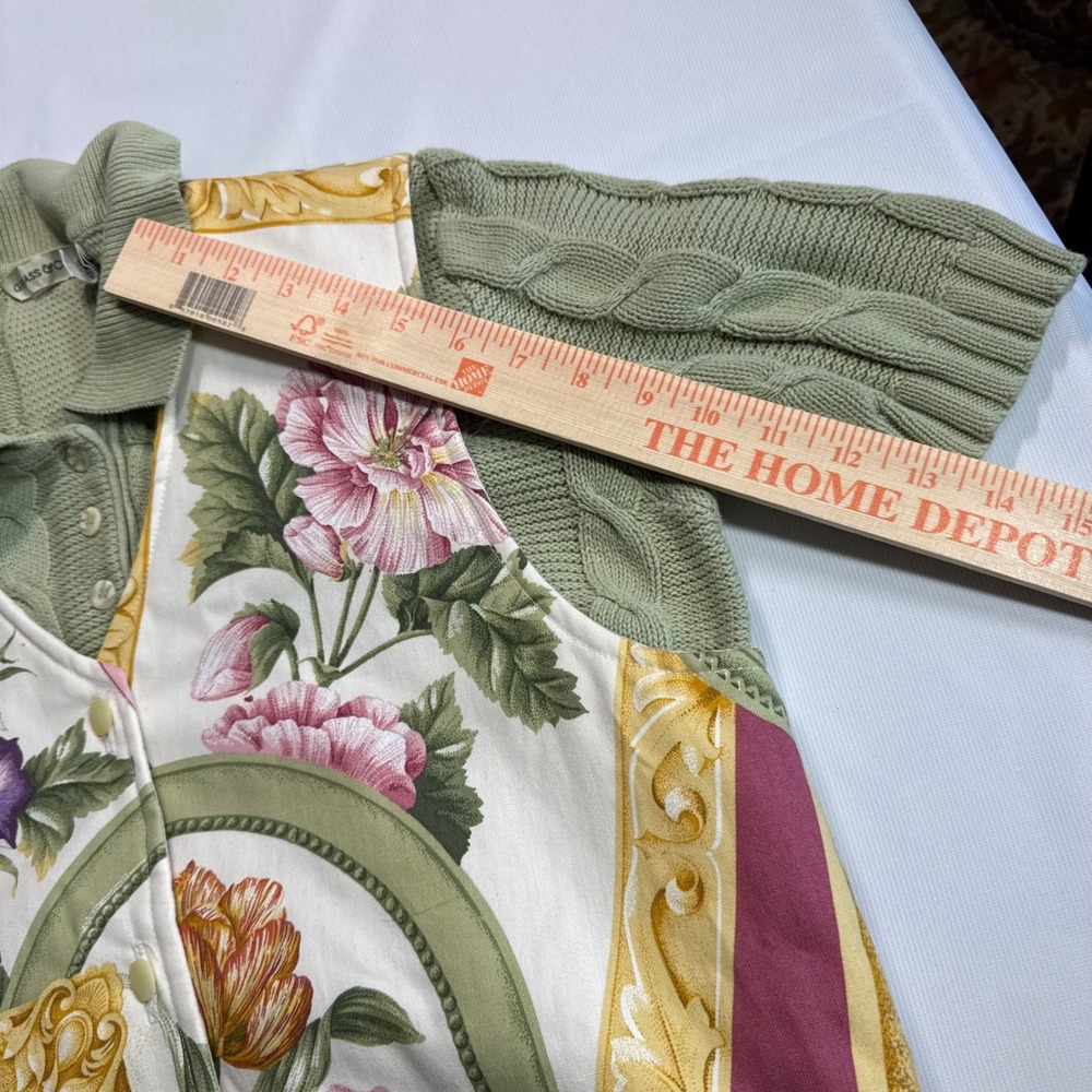 Cottagecore Vtg Coastal Granny Large Sage Cable Knit Sweater Floral Striped Vest - Picture 10 of 10